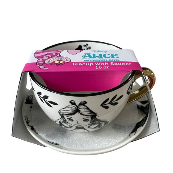 Disney ALICE IN WONDERLAND Teacup with Saucer 16oz Mug Black & Gold New - Picture 2 of 14